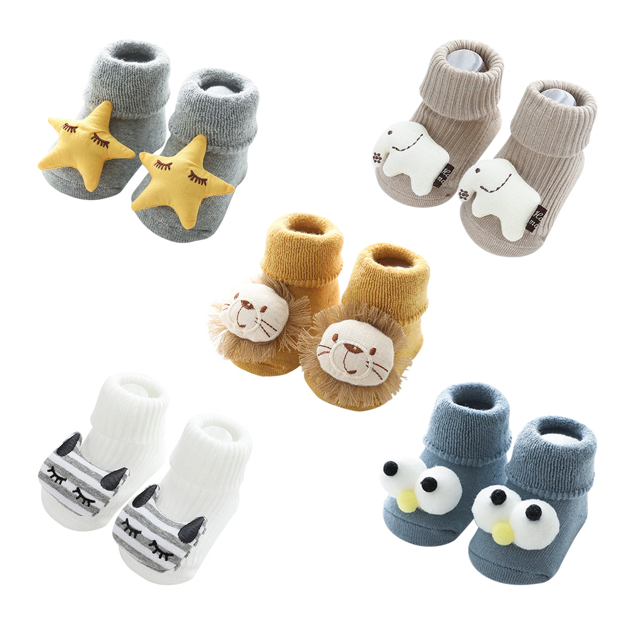 Set of 5 Baby/Toddler Non-Slip Floor Socks with Premium Handmade 3D Fun Characters