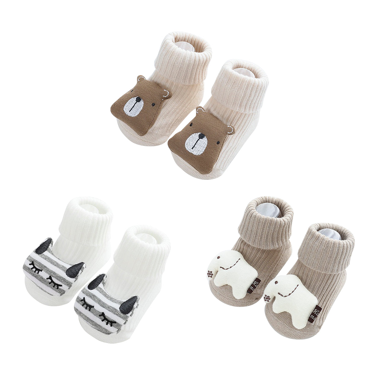 Set of 3 Baby/Toddler Non-Slip Floor Socks with Premium Handmade 3D Fun Characters