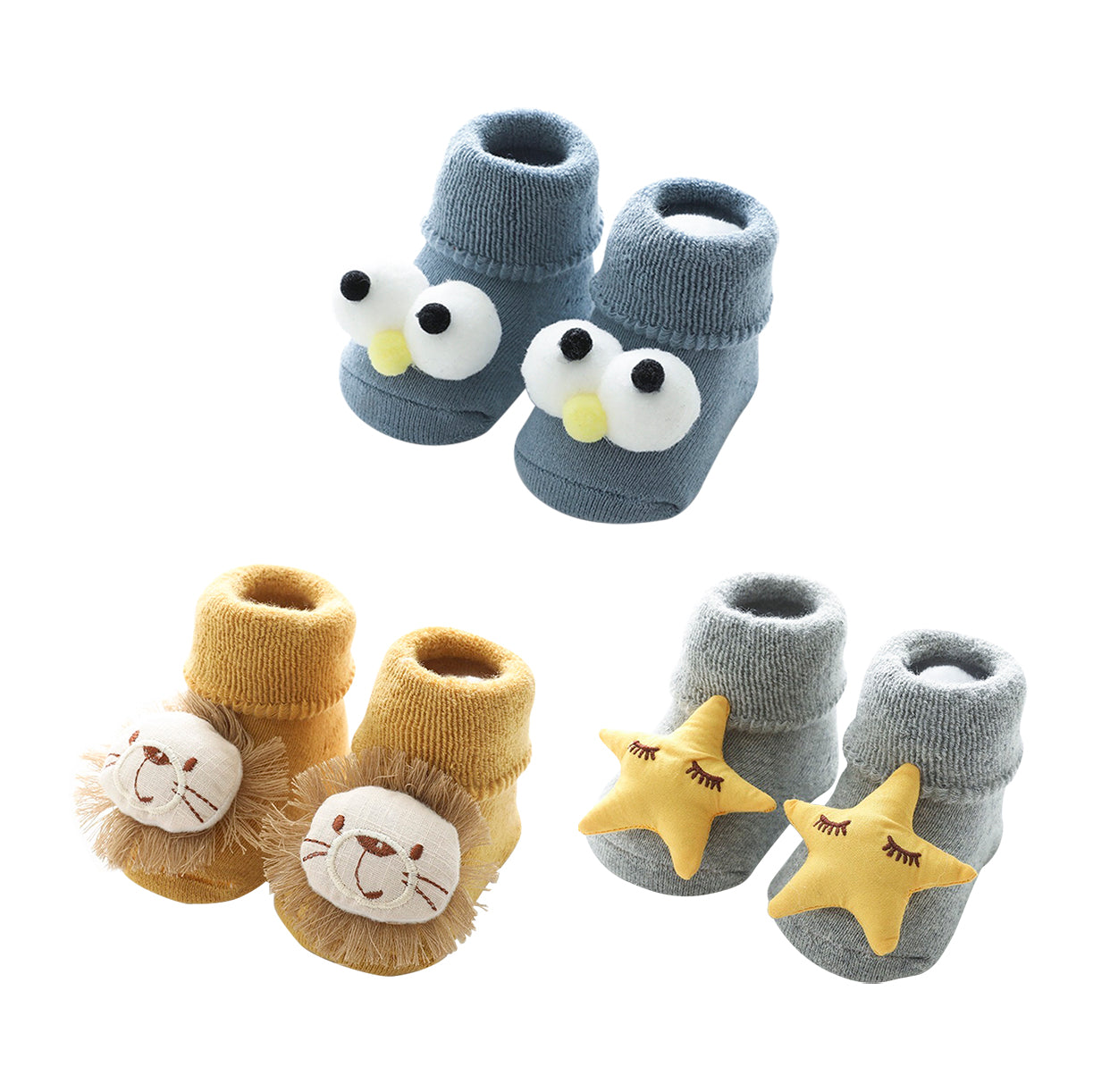 Set of 3 Baby/Toddler Non-Slip Floor Socks with Premium Handmade 3D Fun Characters