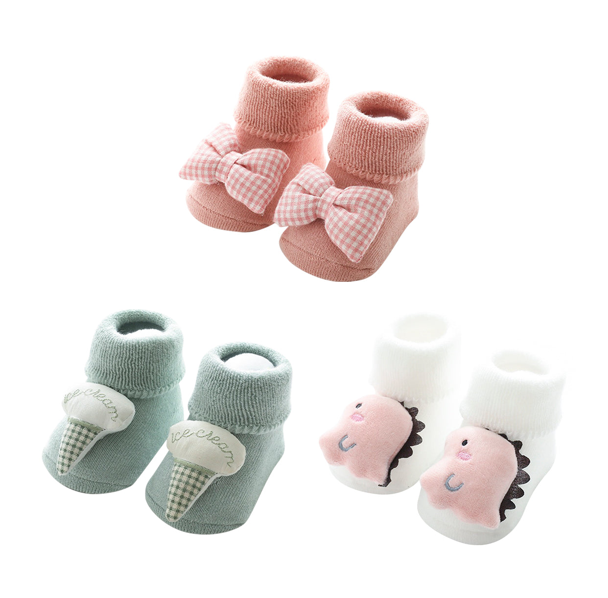 Set of 3 Baby/Toddler Non-Slip Floor Socks with Premium Handmade 3D Fun Characters